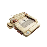 real genuine leather bed frame massage soft beds bedroom furniture with safe desk table speaker led light book cabinet ottoman
