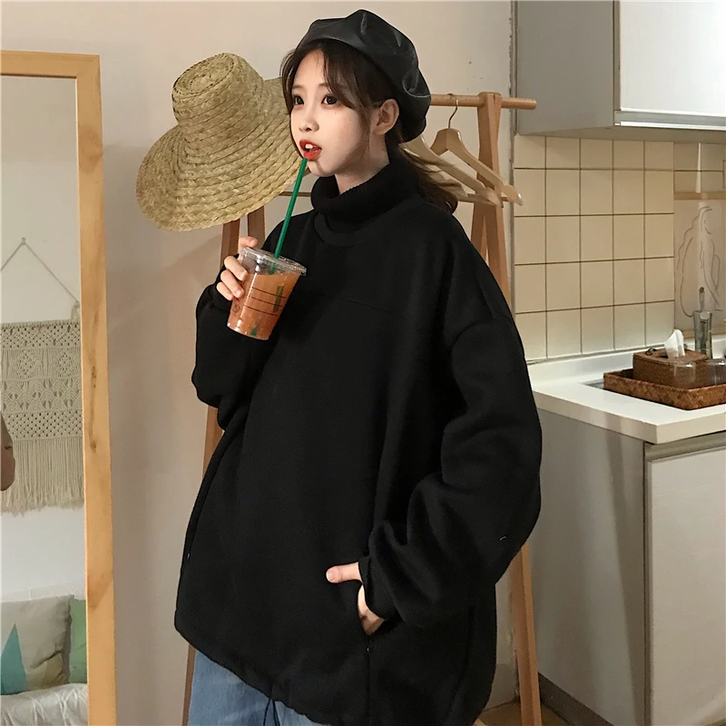 

CEC Sweater Women's Idle Style Autumn and Winter Loose Korean Style Fleece-Lined Thickened Fake Two Pieces Pullover All-Matching