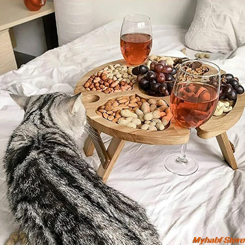 

1pc Wooden Outdoor Folding Picnic Table with Wine Glass Rack for Outdoor Camping Travel Round Desktop Foldable Wine Table Rack