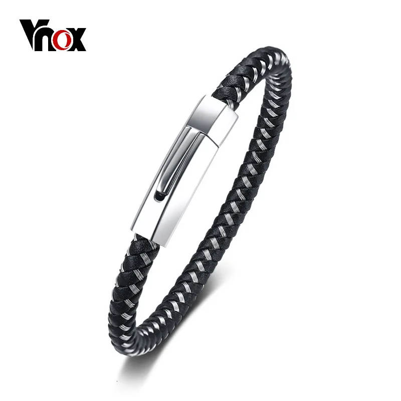 Vnox 6mm Genuine Leather Bracelet for Men Bangle Top Quality Stainless Steel Closure Classic Black Male Jewelry|bracelets for|leather braceletleather