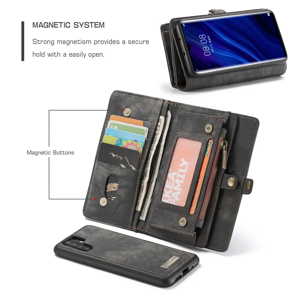 

Luxury Zipper Wallet Etui Case For Huawei P30 P20 Mate20 Pro Lite Flip Car Magnetic Card Slots Leather Removable Phone Bag Cover