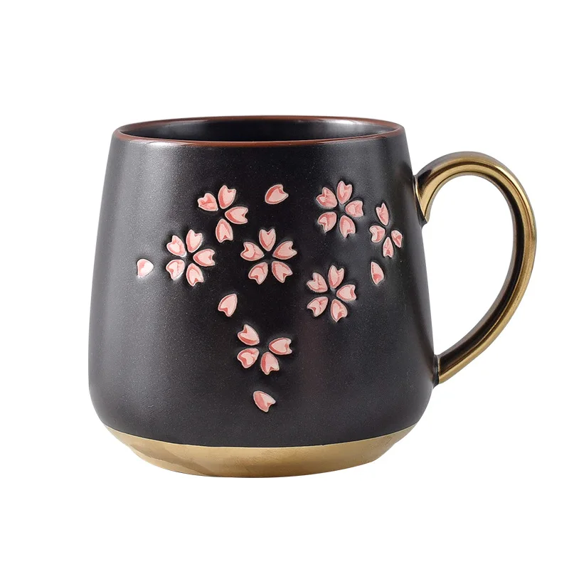Новая Черная Золотая японская керамическая кружка с тиснением в виде цветков