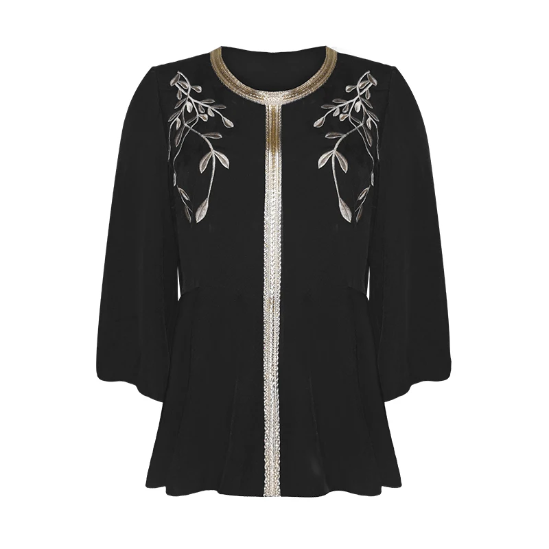 

Summer New Women's Suit Black Embroidery Golden Edging Flared Sleeve Pleated Hem Party Elegant Trouser Pant Outfit 2 Pieces Sets