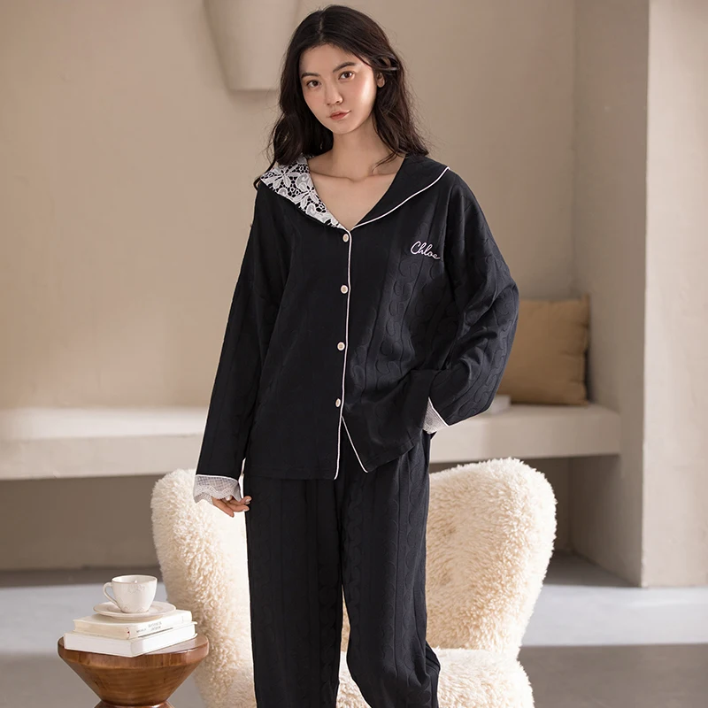 

JRMISSLI Women Lace Lapel Pyjamas Cotton Set Long Sleeve Lounge wear Sleep Pajamas Tops Set Sleepwear Suit Winter Clothes