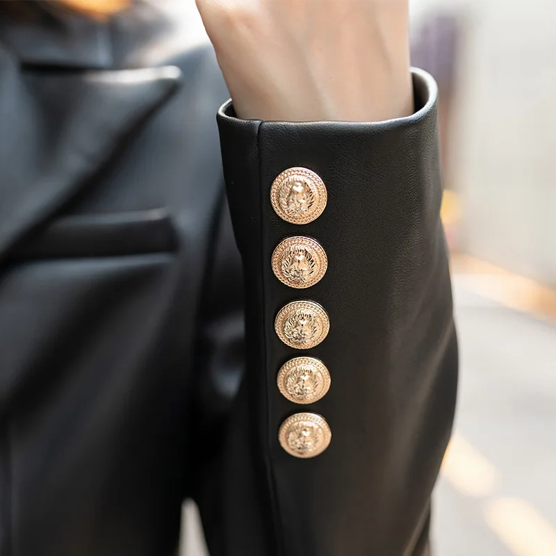 Office Lady Genuine Leather Coat High Quality Black Sheepskin Leather Jacket Double Breasted Long Sleeves Winter Overcoats Short