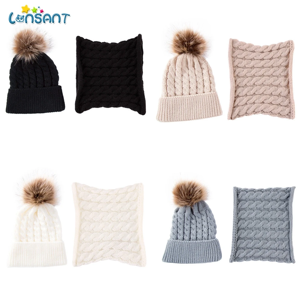 2Pcs Toddler Hat Baby Girls Boys Winter Warm Knitted Wool Hemming Beanie Cap+Scarf Keep Set 0-2 Year Kids 4 colors | Аксессуары для