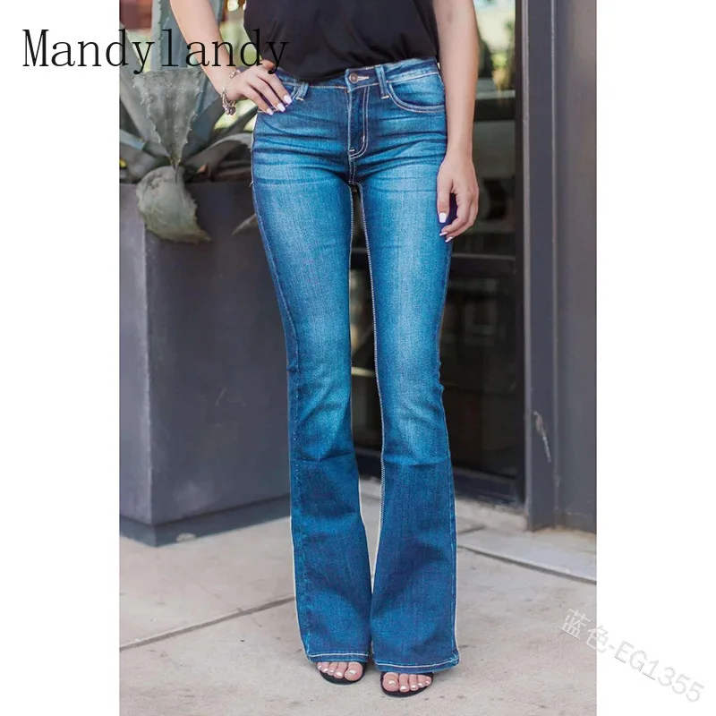 

Mandylandy Spring Summer Fashion Slim Fit Washed Vintage Mid Waist Denim Flare Pants Women's Casual Solid Color Bleached Jeans