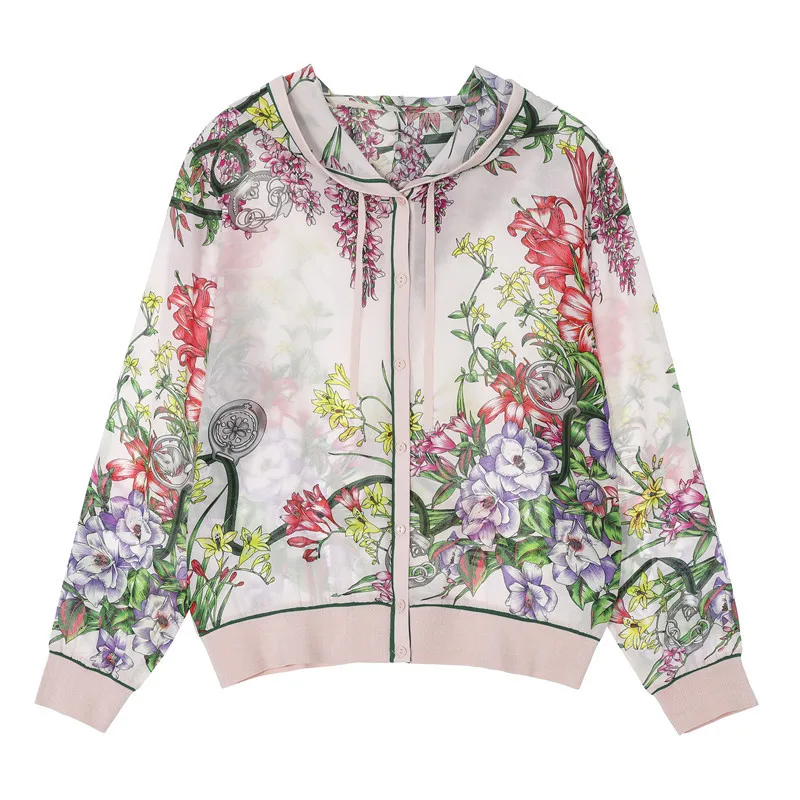 

New women s clothing in Europe and the positioning F8105 printed silk long sleeve hooded cardigan coat can customized big size