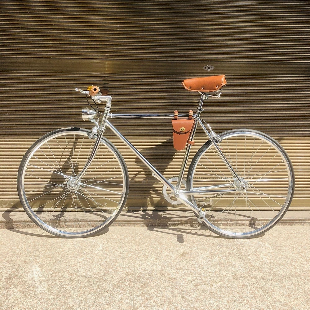 Vintage Bike Silver Steel Frame 700C Wheel Fixed Gear Freewheel Single Speed Bicycle 52cm With Retro Light Leather Triangle Bag