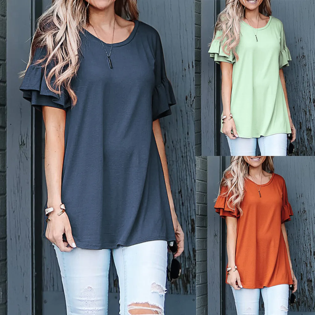 Модная туника с оборками рубашка круглым вырезом однотонные топы повседневные