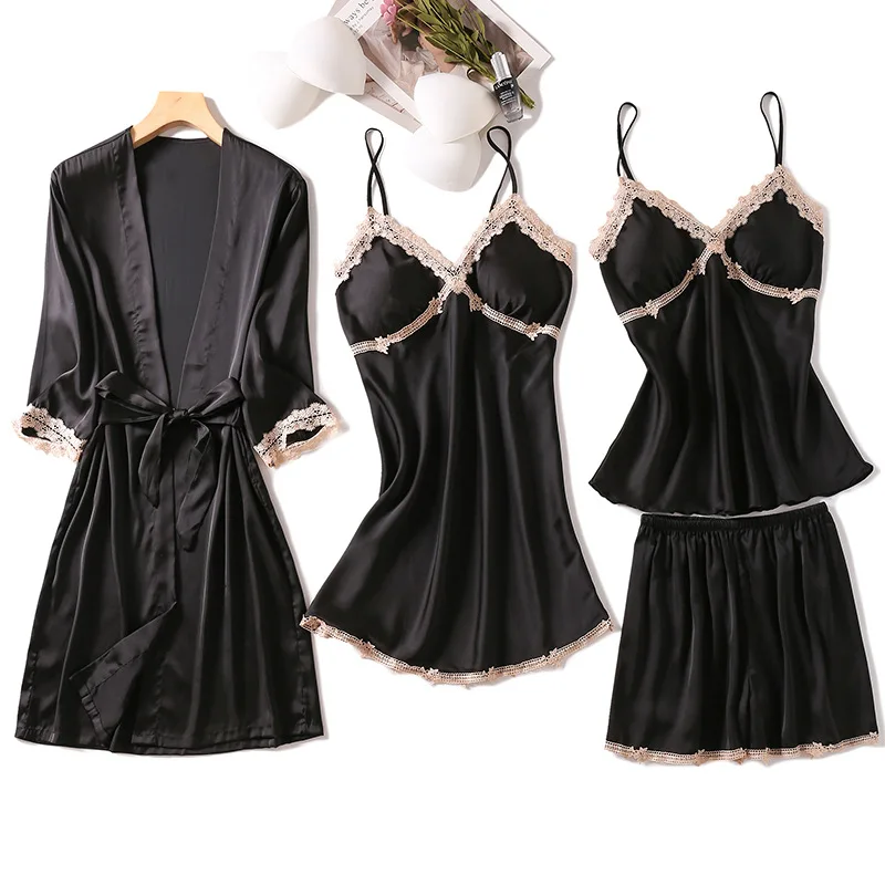 

Solid Color Women Pijama Mujer 4Pcs Sexy Lace Trim Ladies Pyjama Sleepwear Pajama Sets Sleep Lounge With Chest Pads Homewear