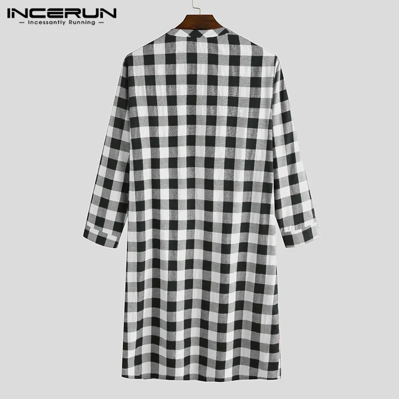 INCERUN 2020 Plaid Men's Sleep Robes Soft Loose Loungewear Long Sleeve V Neck Leisure Pajamas Men Nightgowns Cozy Homewear | Мужская