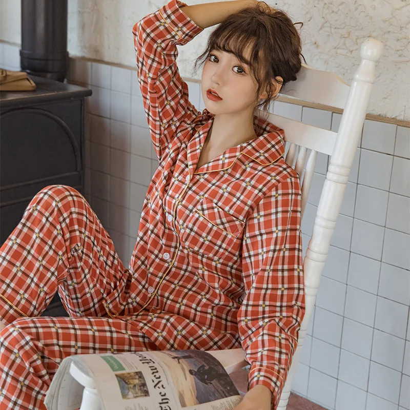 Autumn Winter New Pure Cotton Pajama Set Women's Long-sleeved Suit Plaid Stripes Print Pajamas