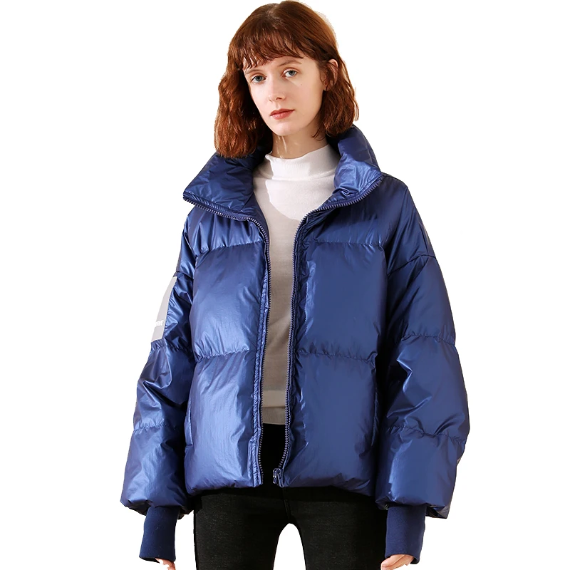 90% белый пуховик на утином пуху 2019 плюс размер женский зимний короткий глянцевый