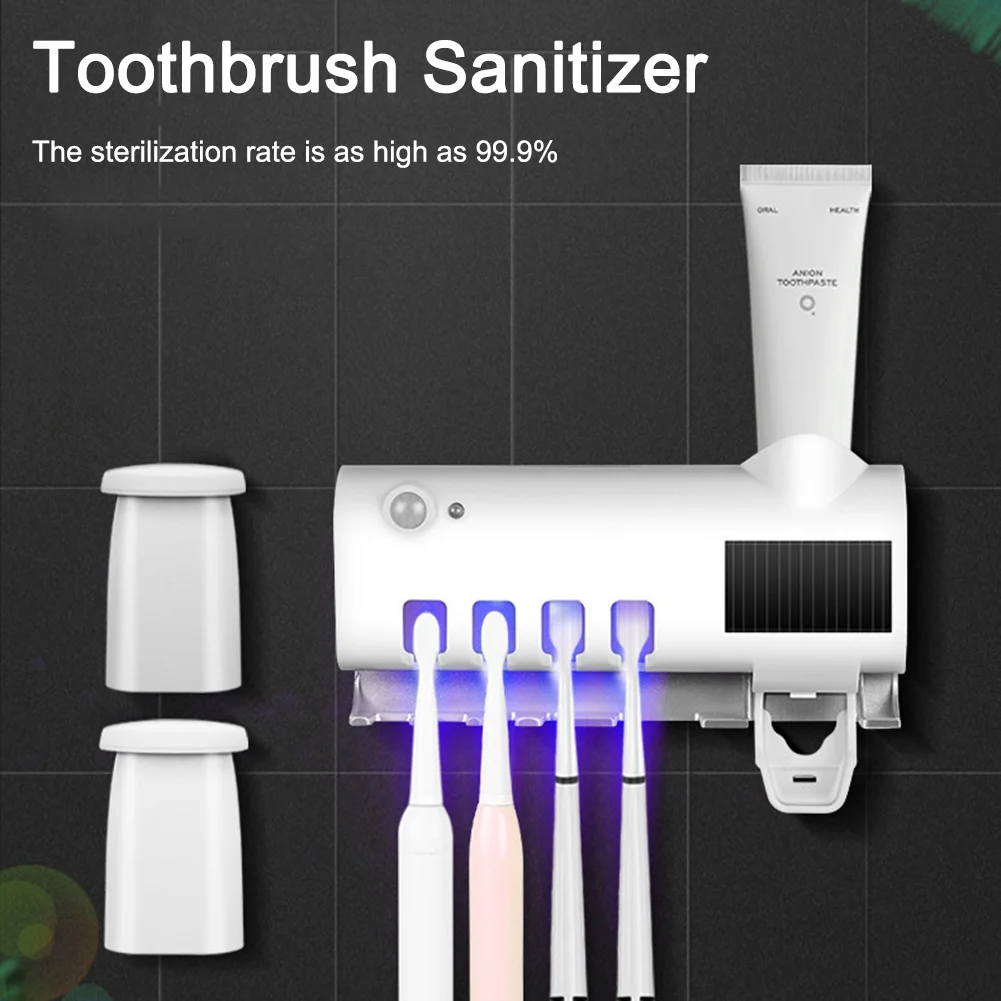 

UV Toothbrush Holder Sanitizer Solar USB Powered Wall Mount Sterilization Toothpaste Squeezing Automatic Dispenser for Bathroom