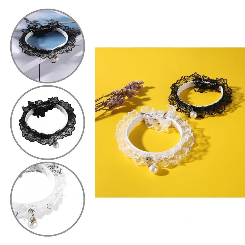 

Strong Durable Festival Decor Lace Pet Collar with Bell Soft Puppy Collar Faux Pearl Decor for Celebration