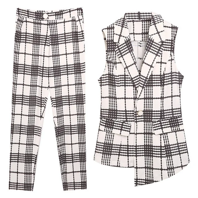 

For Pant Suits Women Spring Summer Business Office Lady Elegant Plaid Slim Professional Work Vest Pants Two Piece Set Plus Size