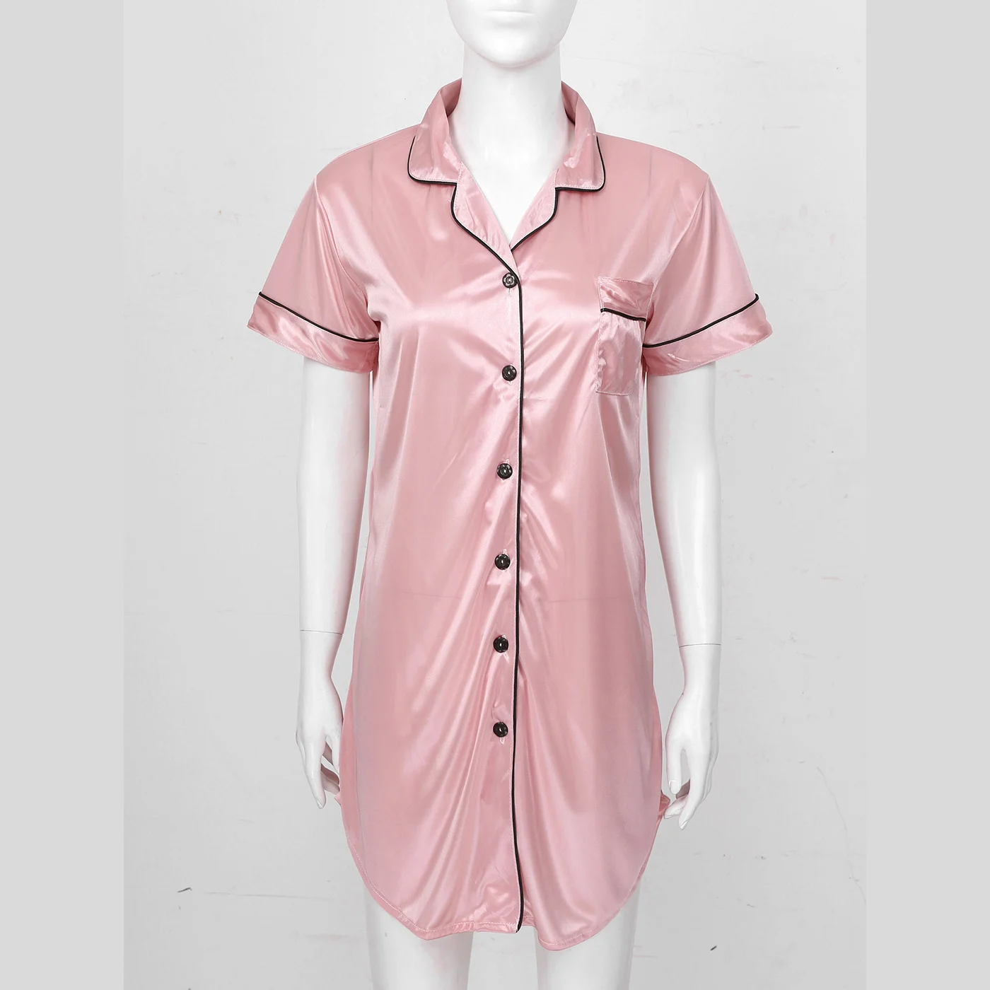 Women Night Dress Sleepshirts Summer Solid Color Lounge Home Clothes Turn-Down Collar Short Sleeve Button Pocket Shirt Nightwear
