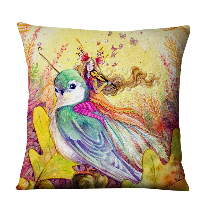 Flower Fairy Tale Mermaid Cushion Cover Set Oil Painting Character Plant Bird Green Faux Linen Throw Pillow Case Room Decoration