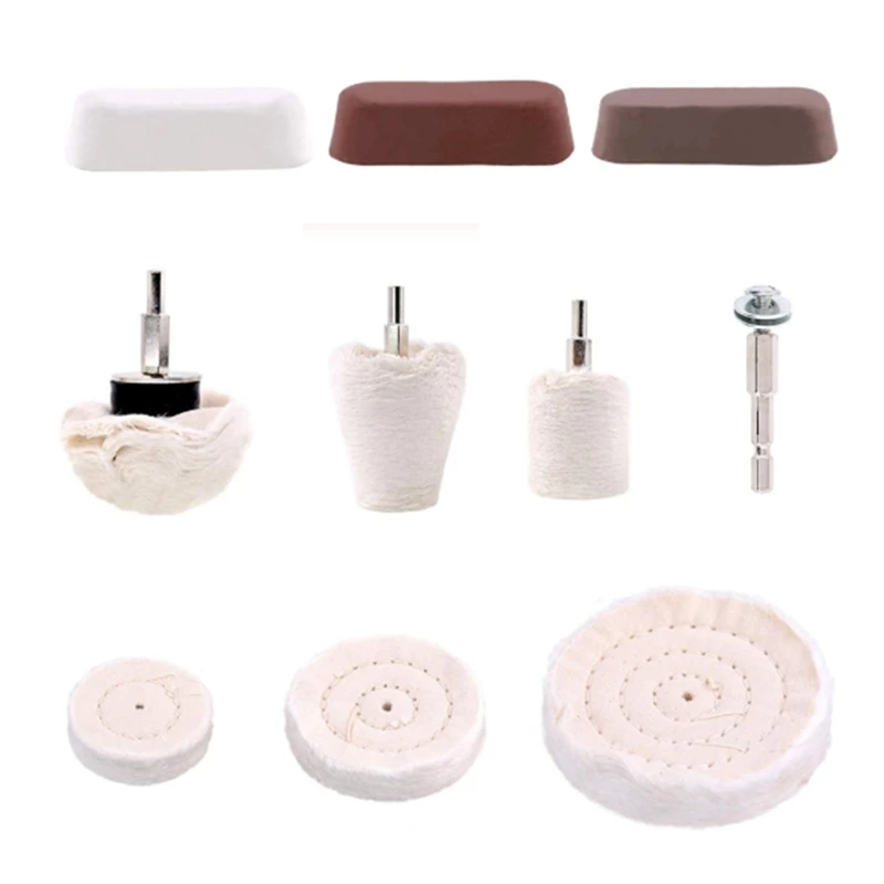 

10 Pcs Buffing Pad Polishing Wheel Kits with 3Pcs Rouge Compound with 1/4 inch Handle, for Manifold, Aluminum, Stainless