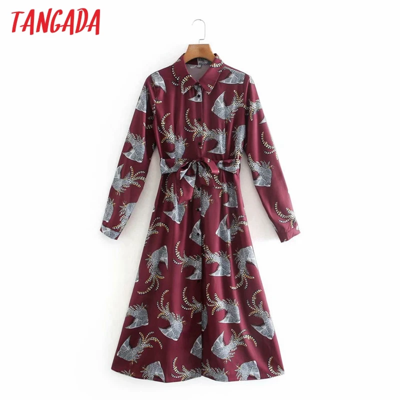 Tangada 2020 модная женская рубашка с принтом птиц платье прорезью в винтажном стиле