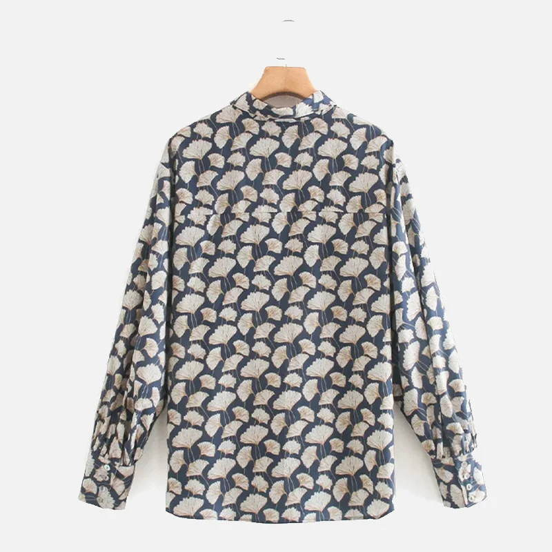 

Leaf Print Long Lantern Sleeve Women Shirts Turn-Down Collar Single Breasted Women's Shirt 2021 Spring Autumn Ladies Vintage Top