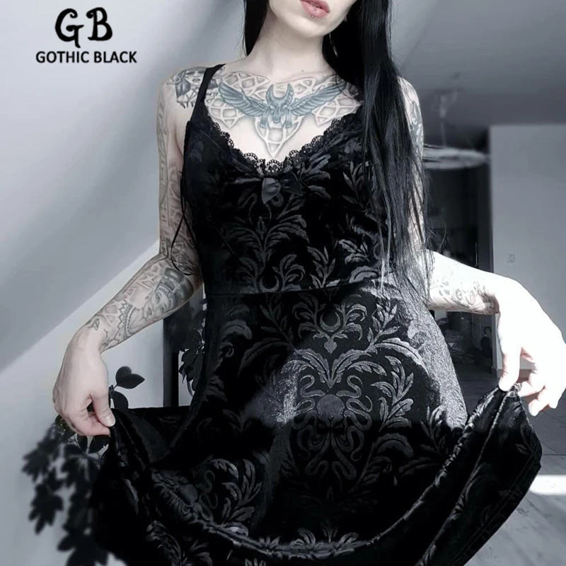 

Gothblack Vintage Sexy Women Black Spaghetti Straps Dress Gothic Splice Lace Bow Embroidery Mini Dress 2020 Summer Party Dress