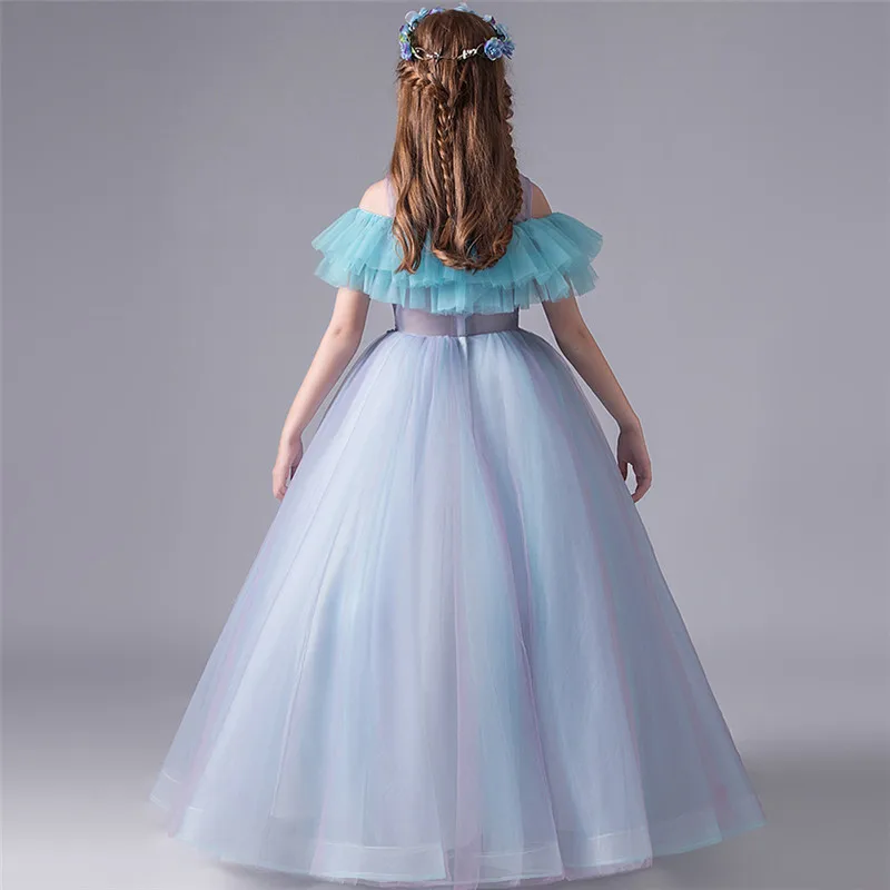 

3~15T Children Girls Luxury Appliques Flowers Birthday Evening Party Princess Fluffy Dress Kids Teens Piano Host Long Dress Wear