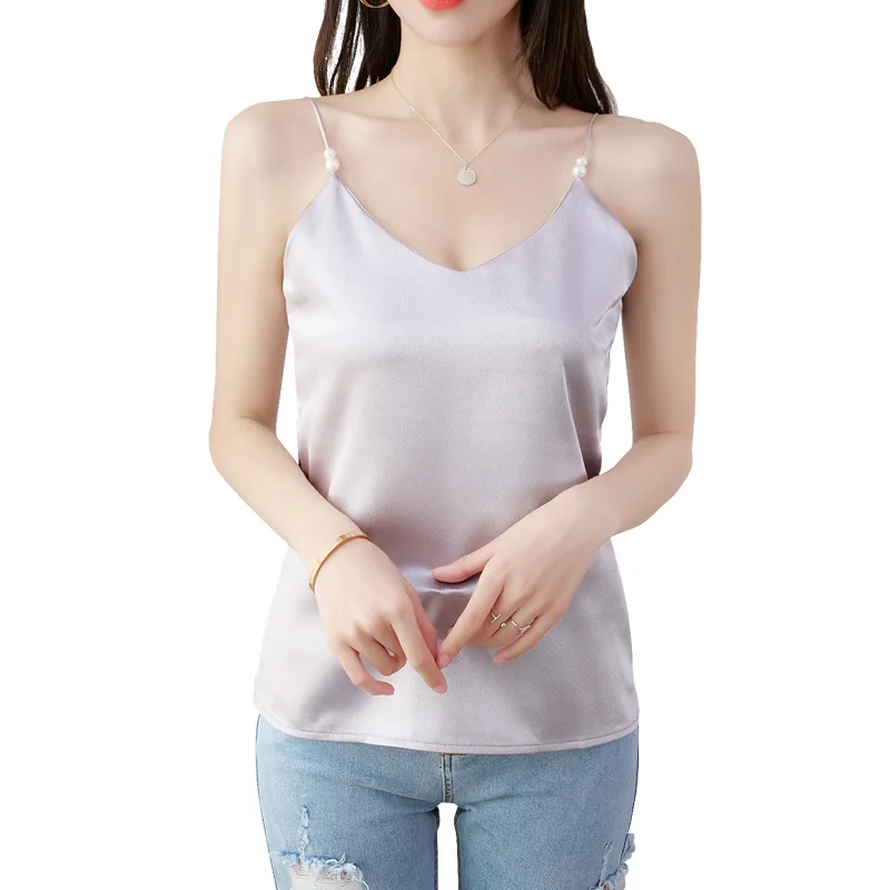 

Korean Slik Women Tank Top Satin Beading Women Crop Tops Office Lady Tops for Women Halter Top