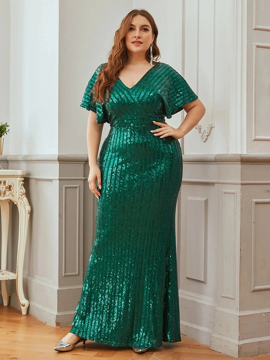 

Women's Trendy V-neck Floor Length Sequin Wholesale Evening Dress