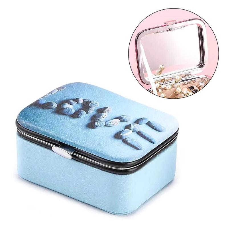 

Protable Leather Bracelet Box Earrings Necklace Storage Organizer with Mirror