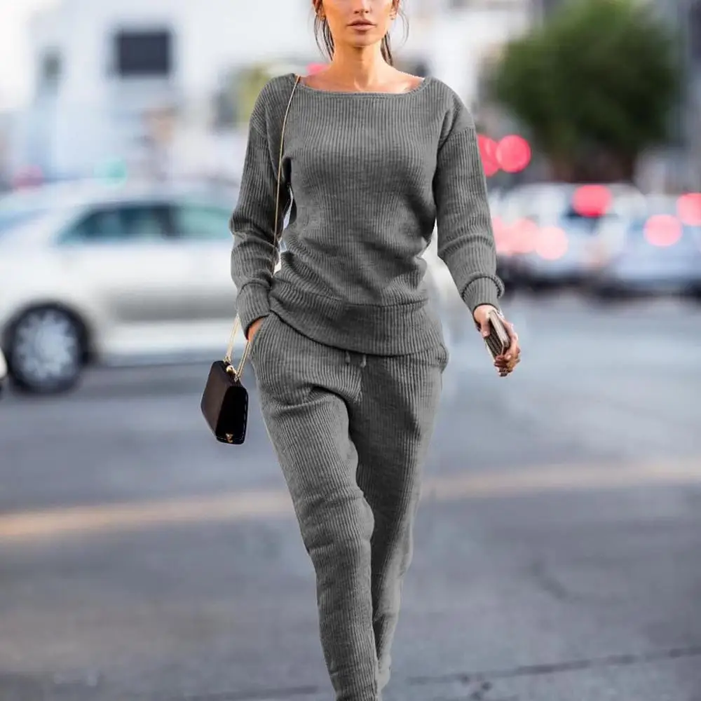 Casual Women's Sweater Suits and Sets Autumn Winter O Neck Long Sleeve Sweaters Tops+Long Trousers Solid 2 Piece 2019 |