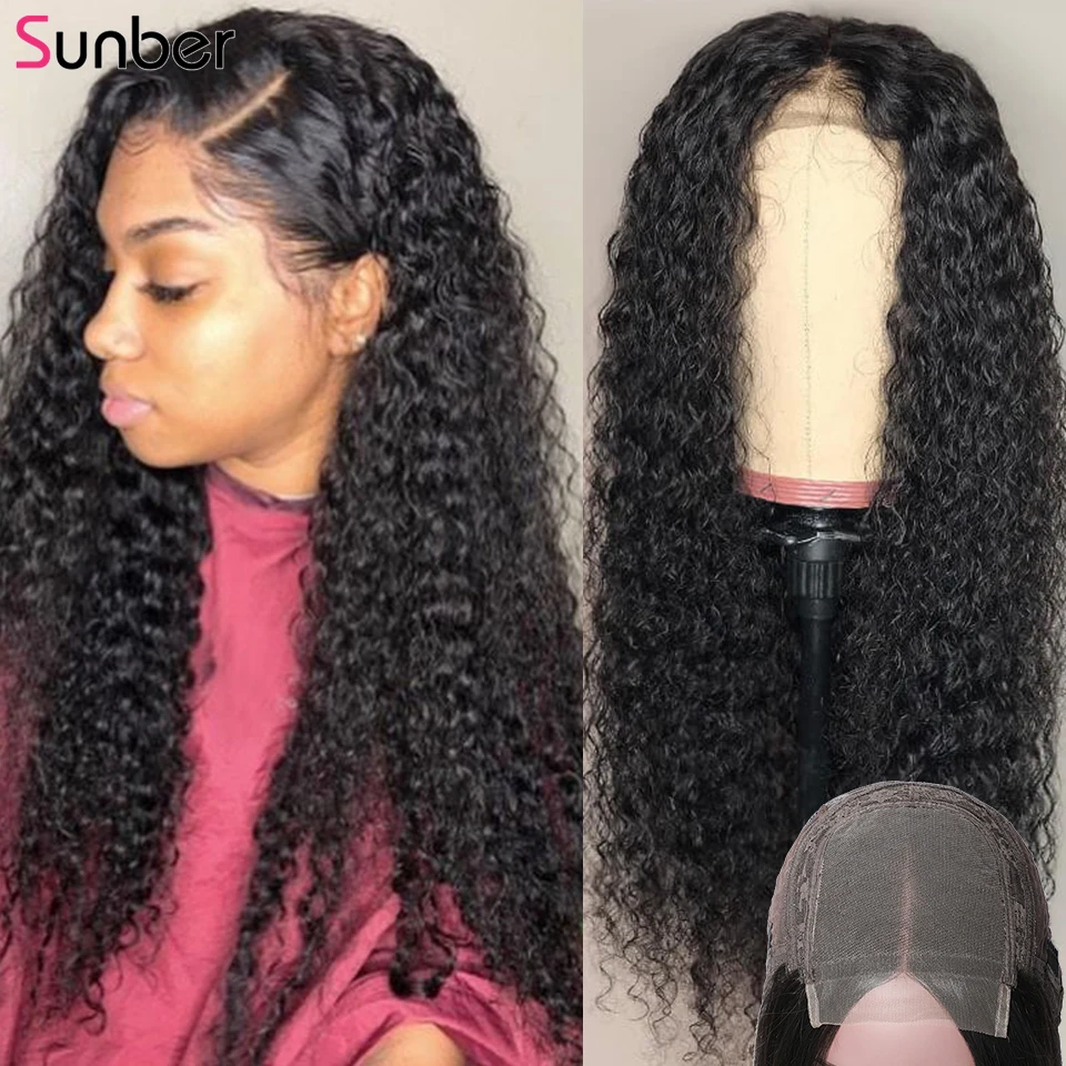 

Sunber Hair Curly Lace Closure Human Hair Wigs 150% density Remy Natural Hairline Pre-plucked Peruvian 4x4 Lace Closure Wig