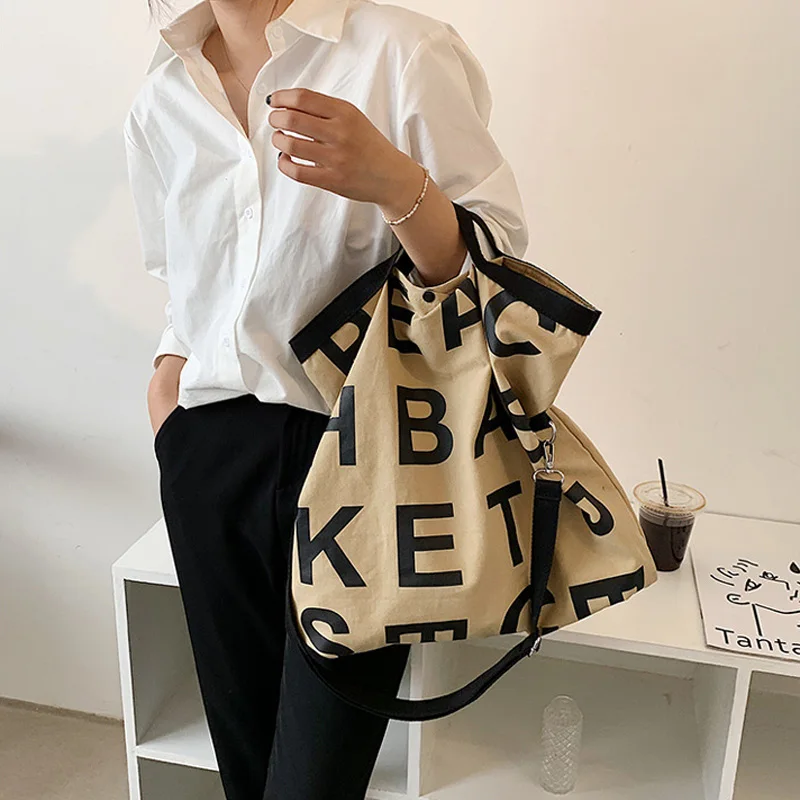 

Холщовая женская сумка для покупок с буквенным принтом, хлопчатобумажная тканевая Сумочка на плечо, многоразовая эко-сумка-тоут для продук...