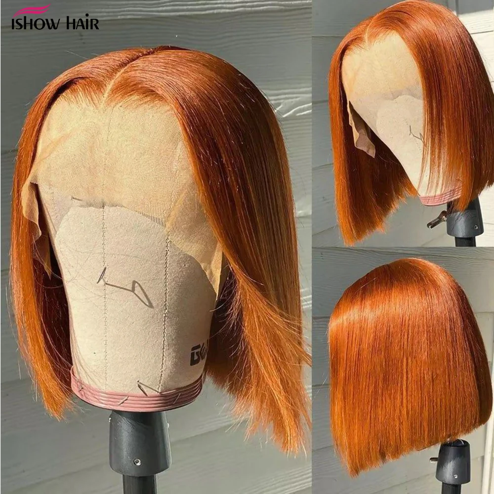 Парик Ishow короткий Боб парик прямой имбирной кружевной спереди предварительно