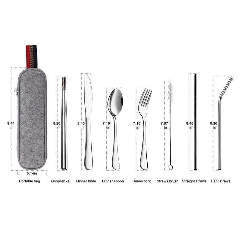 

Portable Stainless Steel Cutlery Straw Dinnerware Set Spoon Fork Chopsticks with Case 8Pcs/set