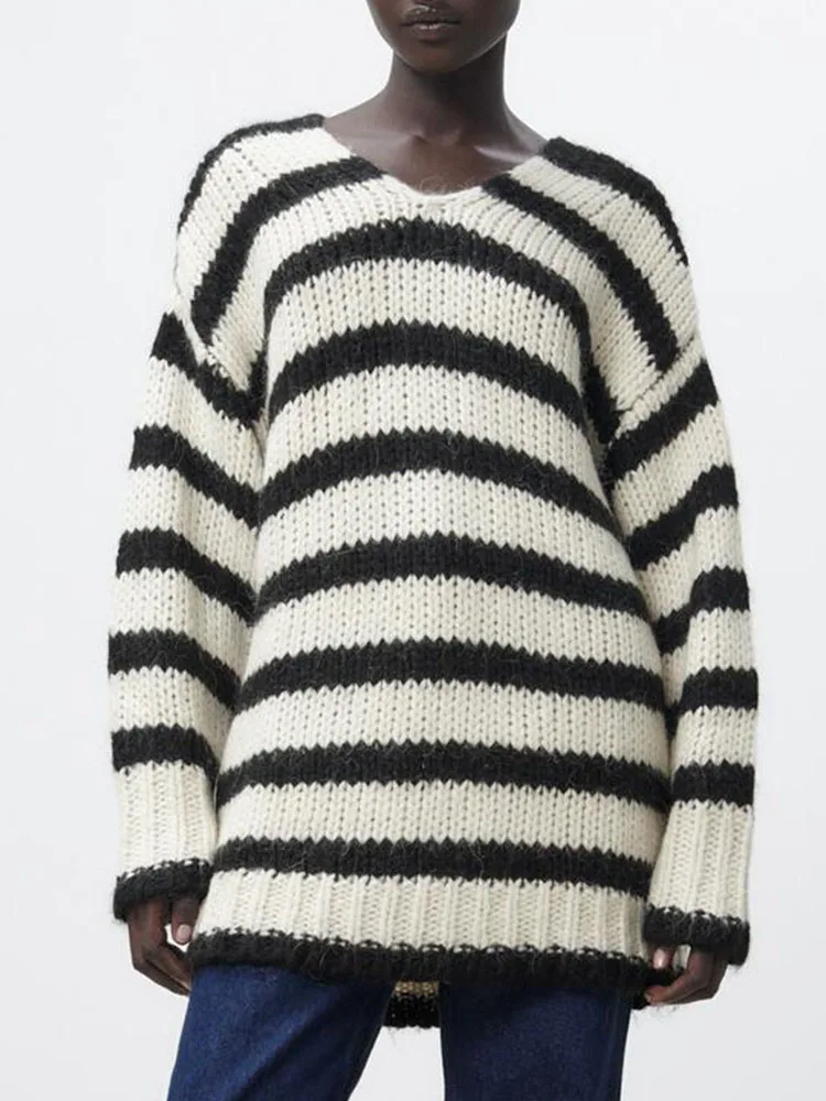 

Женский длинный вязаный пуловер ZA, простой полосатый Свободный пуловер с V-образным вырезом и длинными рукавами, Осень-зима