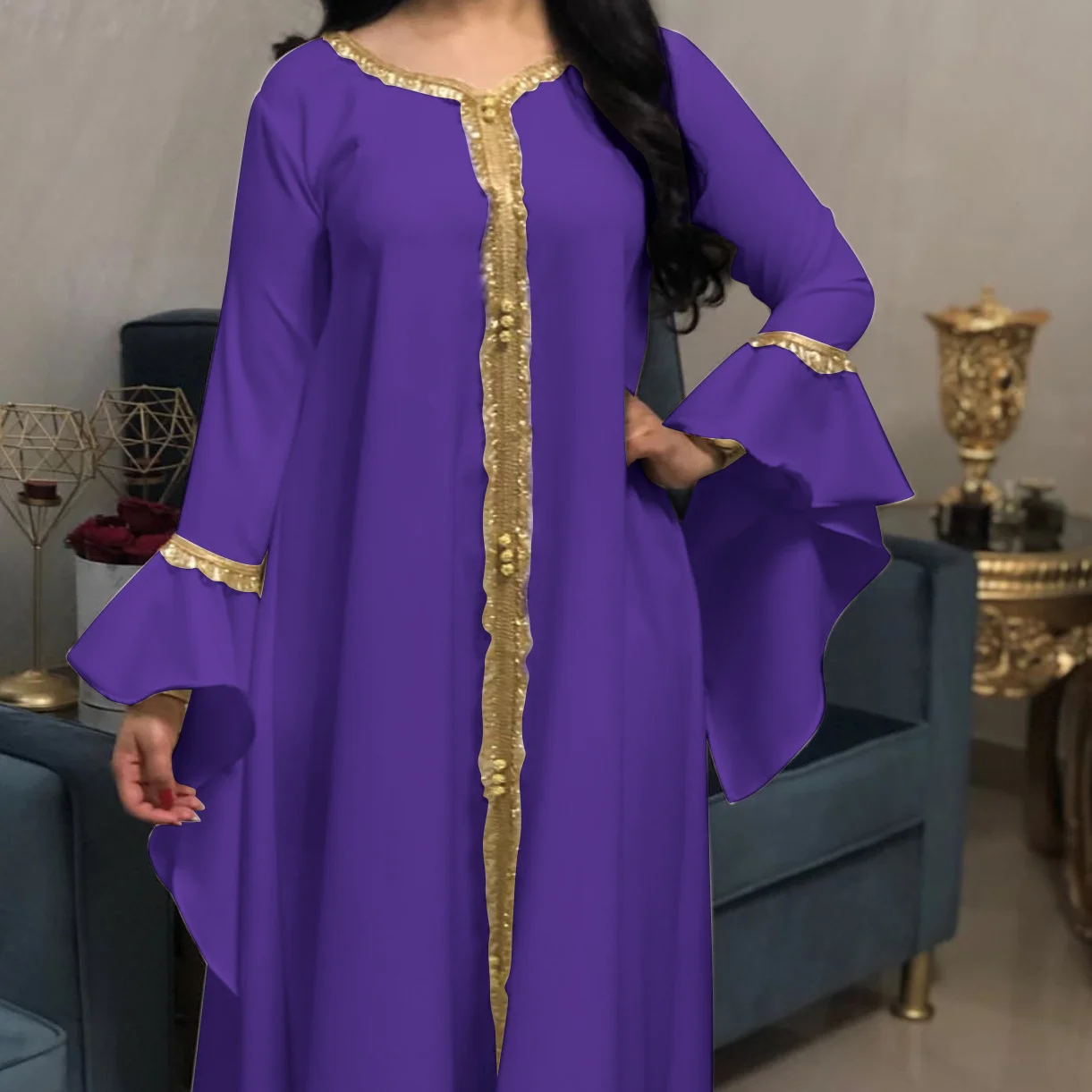 Женское платье с вышивкой в виде лотоса, с рукавами Ближнего Востока, с золотыми цветами, мусульманское платье Jalabiya, 2021