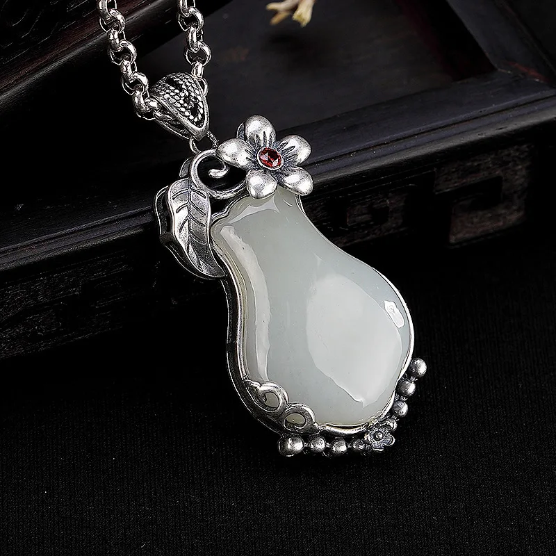 Чистая Серебряная ваза для цветов сливы с хотанским нефритом белый нефрит Ретро