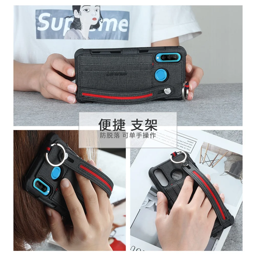 

Wrist Strap Phone Case for Huawei P30 Pro P20 Lite Y7 Y9 2019 Enjoy 8 9 Plus Honor 10 7C Fabric Cloth Card Slot Shockproof Cover