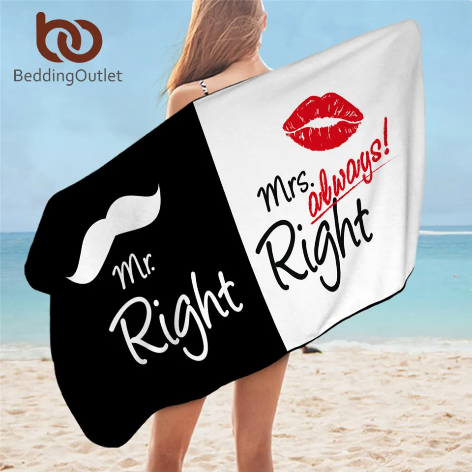 

BeddingOutlet Mr and Mrs Bath Towel Mr Right Microfiber Beach Towel Moustaches Red Lips Picnic Mat 75x150 Thin Blanket Serviette