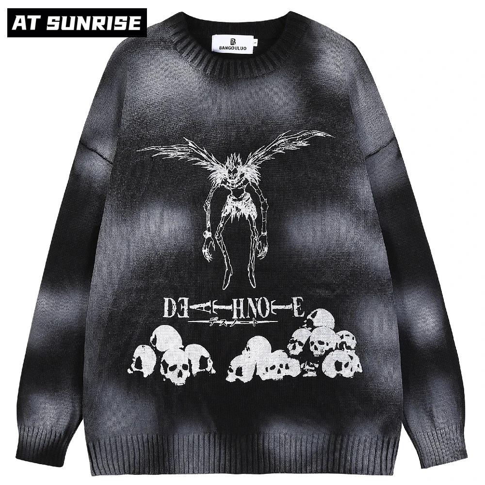 

Mens Hip Hop Streetwear Harajuku skulls Sweater Retro Japanese Style Anime death Note Knitted Sweater Oversized Cotton Pullover
