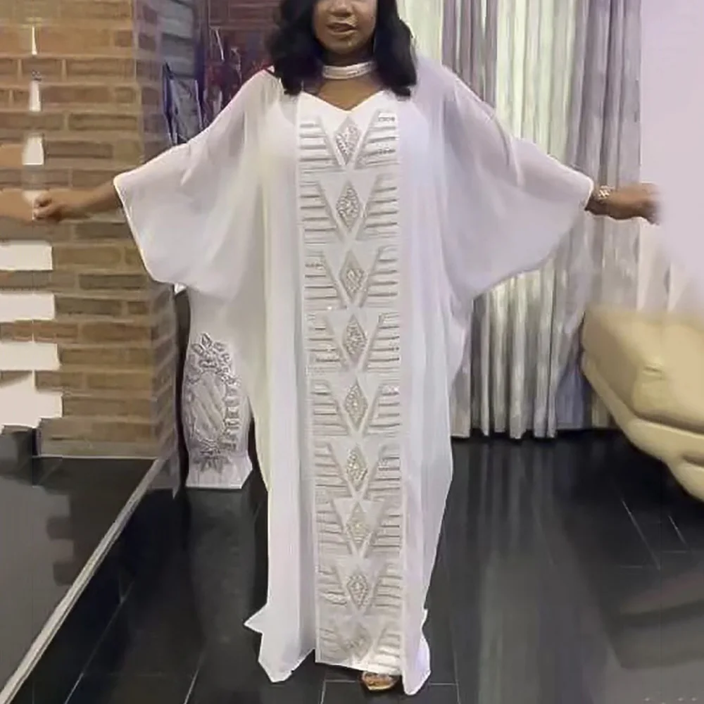 

Traditional African Wedding Dress 2022 New Fashion Solid Diamond Loose Batwing Sleeve Floor Length Elegant Evening Night Vestido