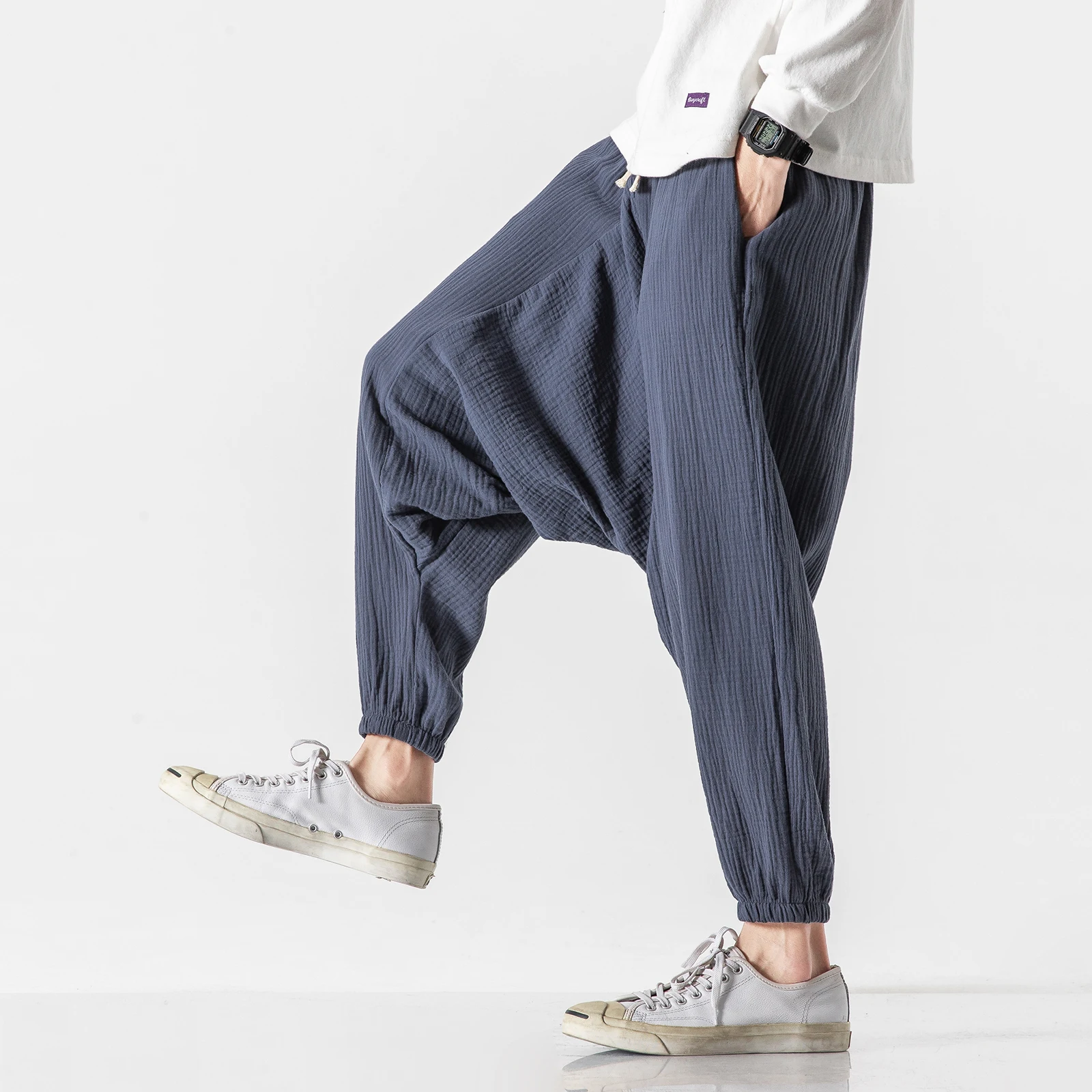 

Мужские однотонные шаровары, мужская Японская уличная одежда, спортивные штаны, мужские хлопковые льняные винтажные штаны для бега размера плюс