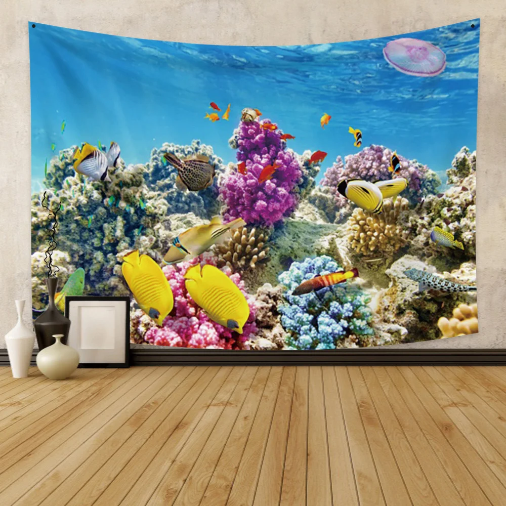 

Laeacco Natural Undersea Landscape Tapestries Coral And Tropical Fish 3D Printed Carpets Bohemian Hippie Psychedelic Home Decor