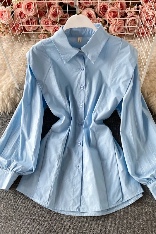 

Women cotton turn down collar loose long sleeve shirt spring autumn women White / Black Solid casual Puff Sleeve Shirt Top 2021