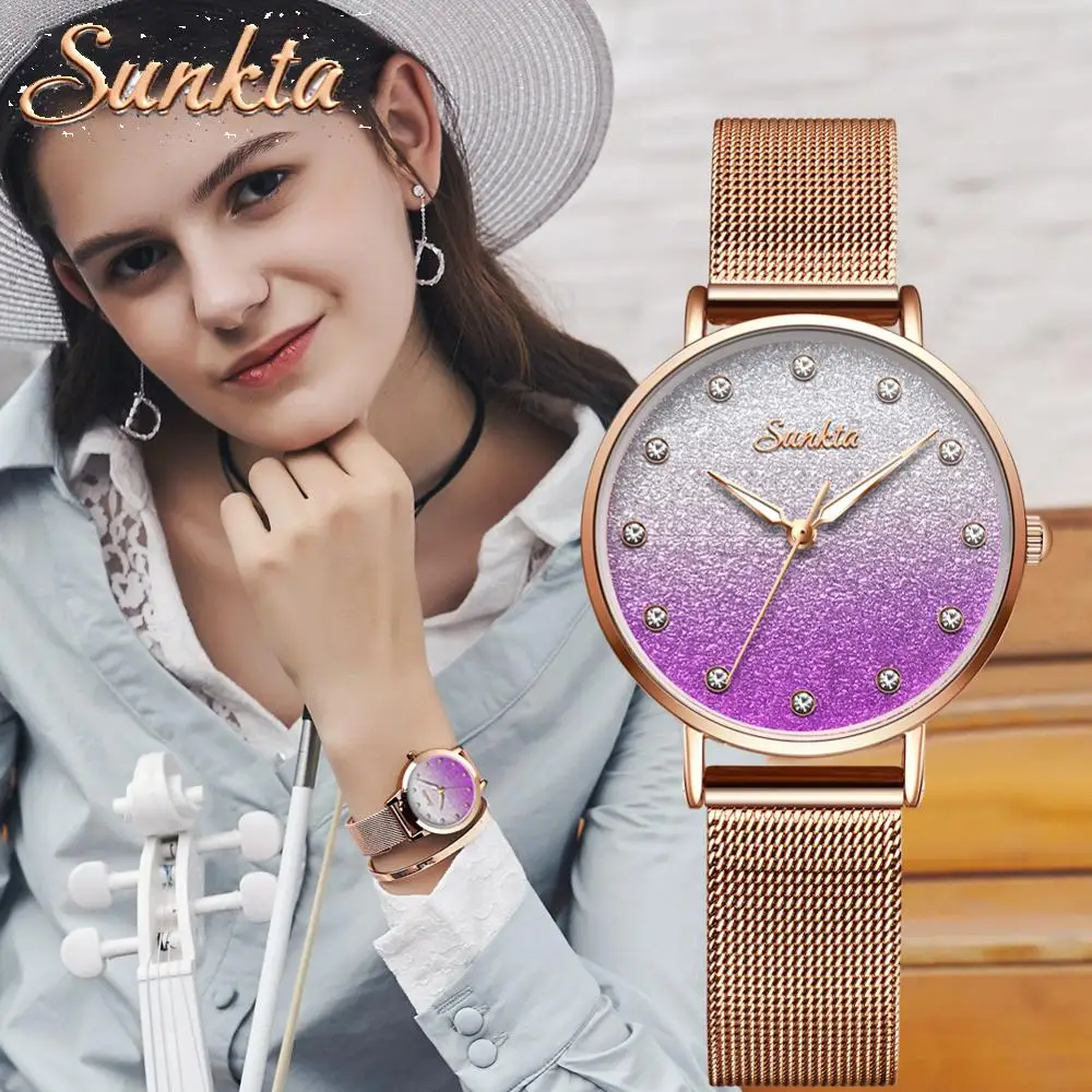 SUNKTA новые часы женские ультра-тонкие сетчатые с ремешком бриллиантами