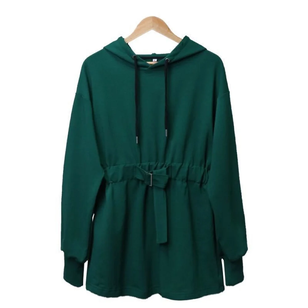 

Spring Autumn New Fashion Hoodies Woman Cotton Elastic Waist Full Top Solid Long Slim Hoodie With Belt Female Pullover Hoody
