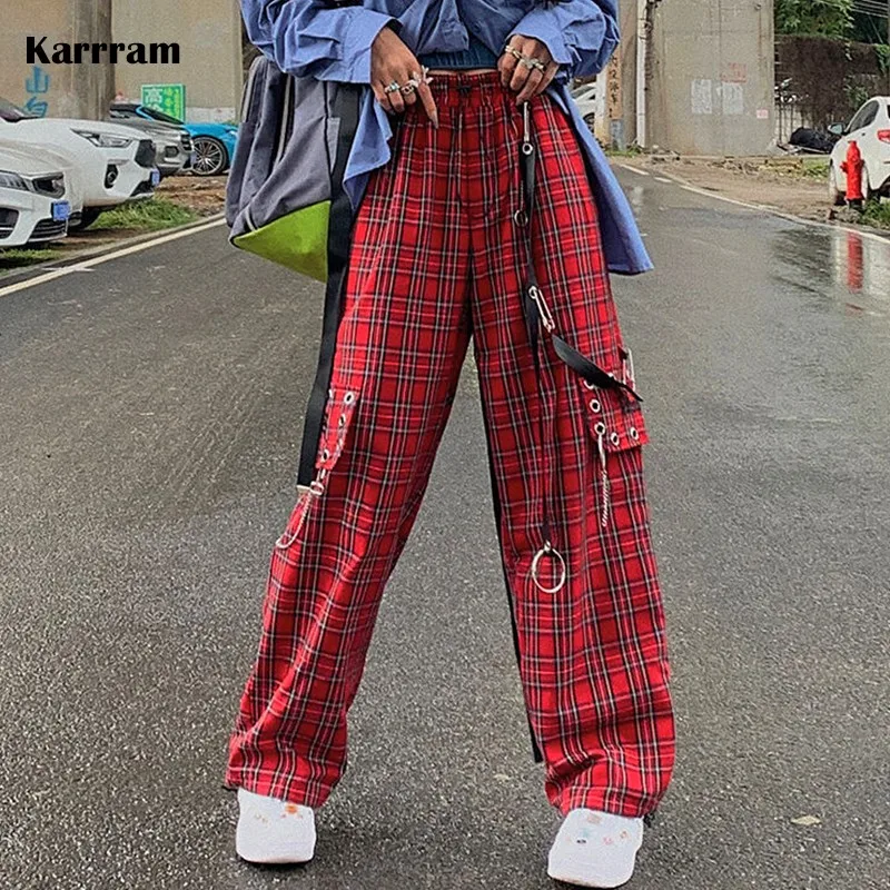 

Karrram Punk Chain Cargo Pants Women Harajuku Goth Plaid Checkered Trousers Female Streetwear Aesthetic Hip Hop Egirl Grunge Emo