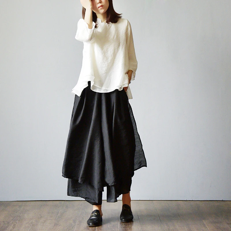 Женские широкие брюки из хлопка и льна в стиле ретро Летние с юбкой Свободные